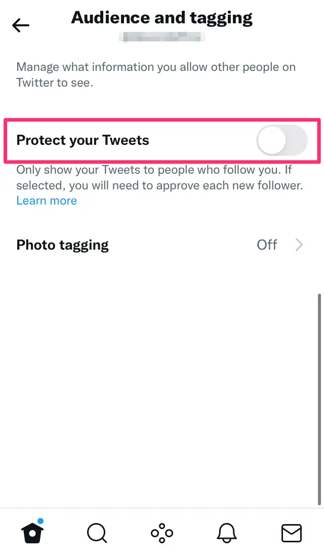 Audience and tagging settings with the Protect your Tweets option highlighted by a hot pink box.