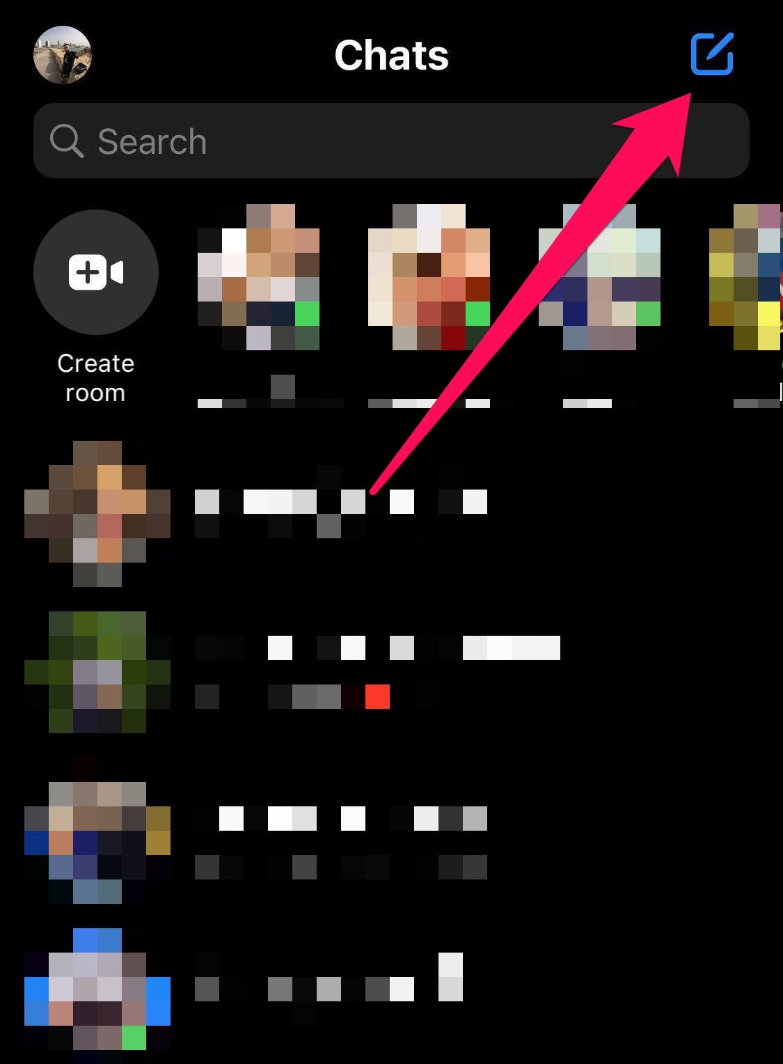 The Messenger app on iPhone, with the button to start a new chat highlighted in the top right corner.