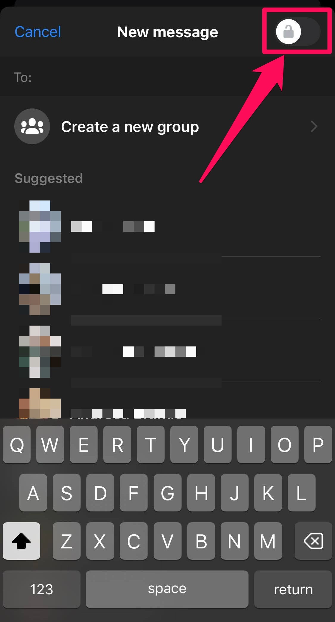 Screenshots from both the Messenger app on iPhone, with the lock icon toggle button on a new chat highlighted.