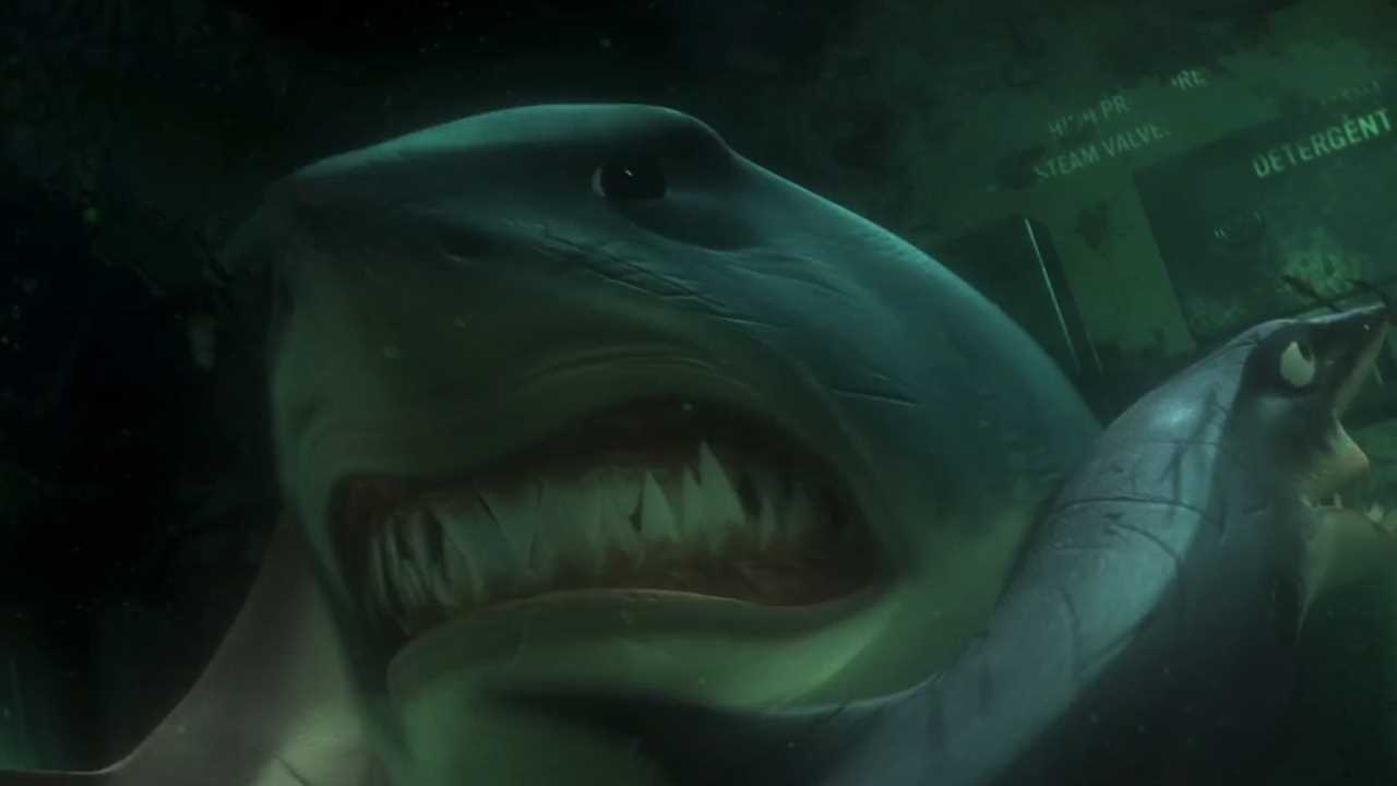 A still from "Finding Nemo" shows two animated shark characters try to hold back shark Bruce.