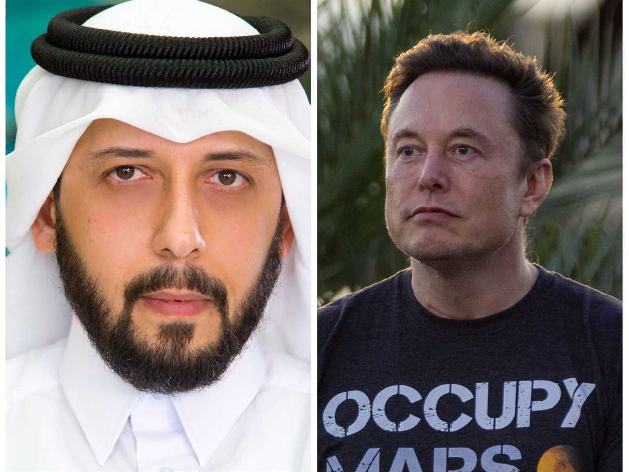 Composite of Qatar Investment Authority CEO Mansoor Al-Mahmoud (L) and Elon Musk (R)