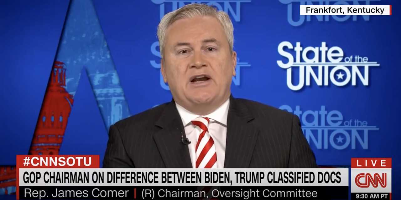 A still from CNN's "State of the Union" showing Rep. James Comer mid-sentence on January 15, 2023. The chyron reads: "GOP chairman on differences between Biden, Trump classified docs."