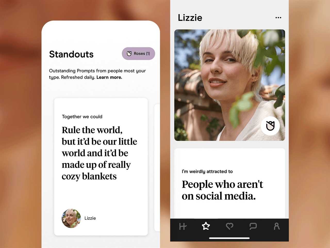 hinge app illustration showing a profile and "standout" prompt