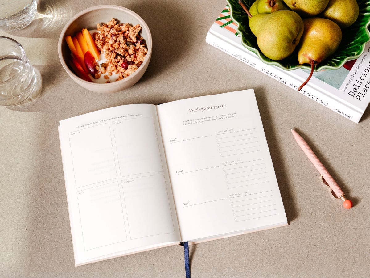 Joy Wellness Journal open to a page that says "feel-good goals" on it set on a counter next to a bowl of pears and a bowl of yogurt and granola.