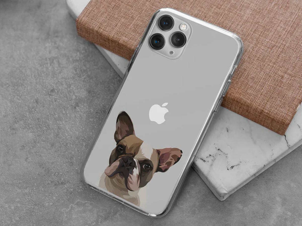 custom phone case with a portrait of a pet French Bulldog on an iPhone