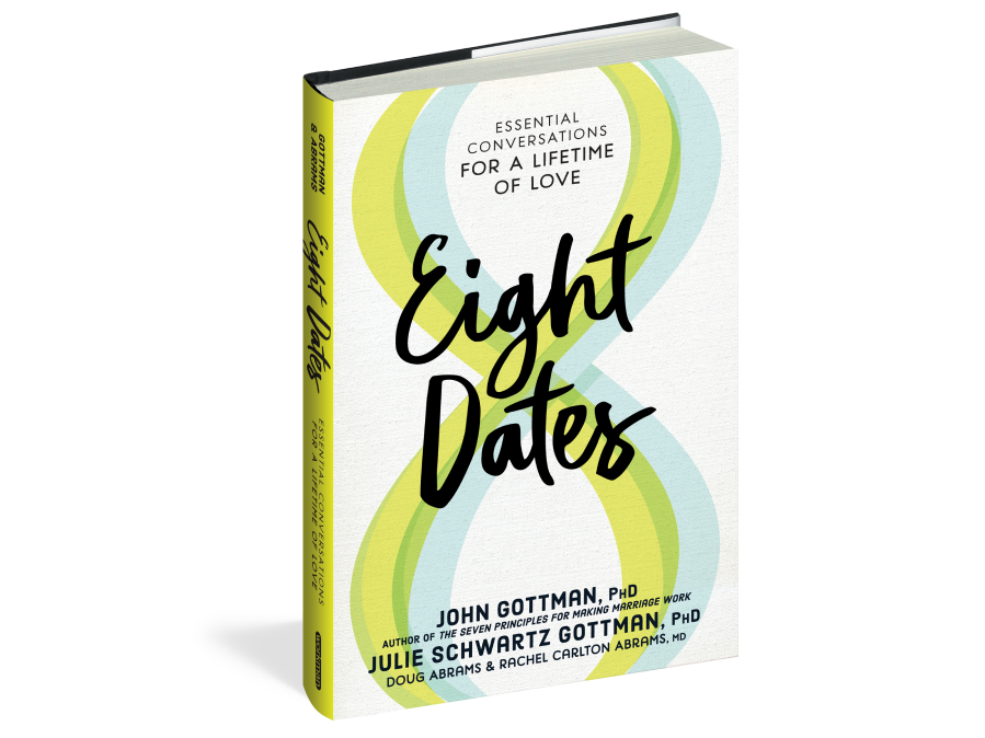 "Eight Dates: Essential Conversations for a Lifetime of Love" by John and Julie Schwartz Gottma, PhD book set upright, with the cover depicting the shape of the number 8 in green and blue brushstrokes.