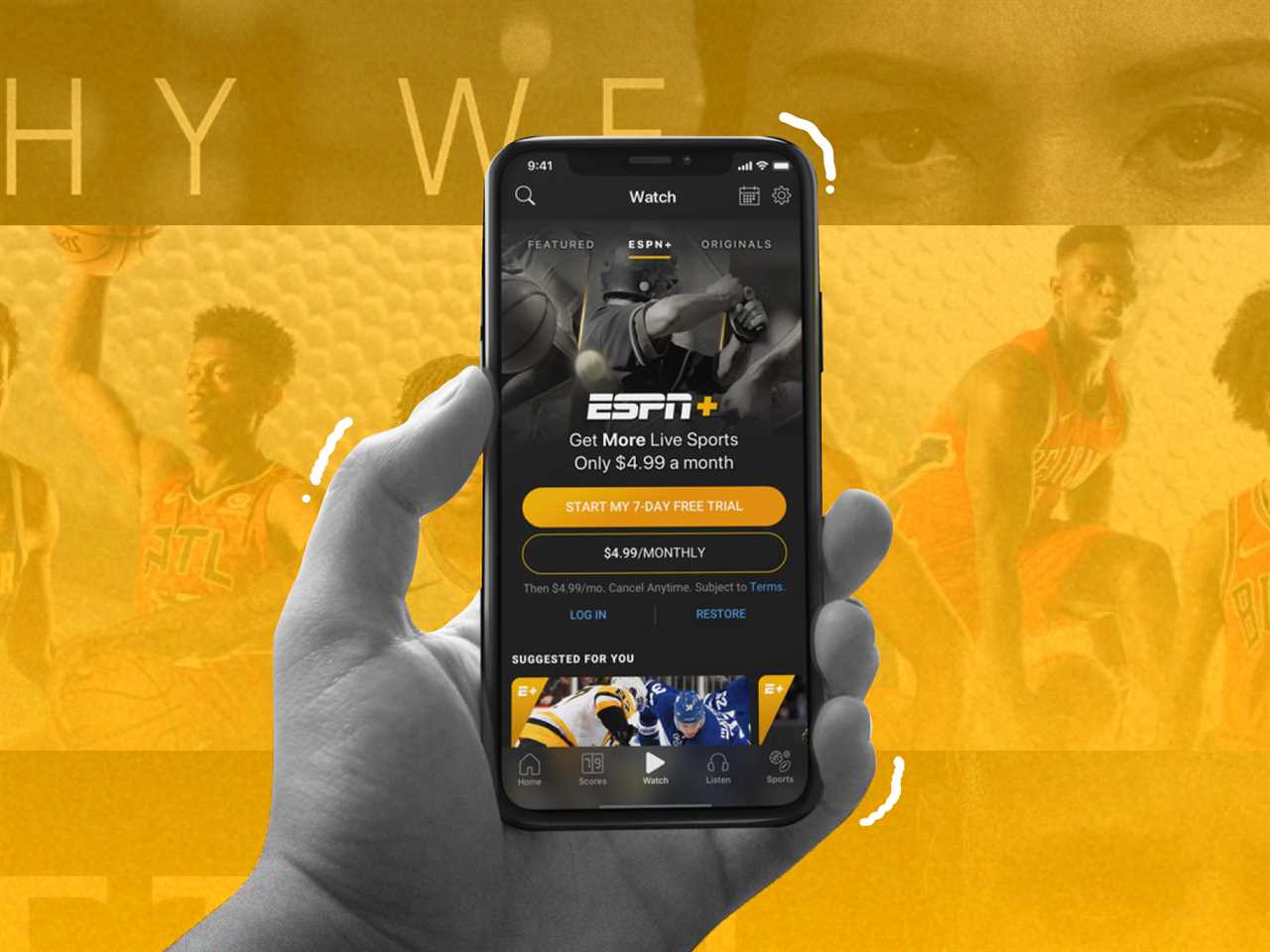 A hand holding up a phone featuring the ESPN+ app's monthly subscription.