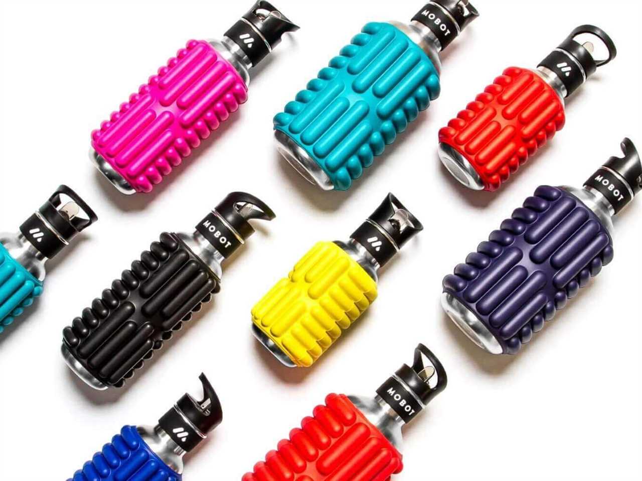 Several Mobot Firecracker 18-Ounce Foam Roller Water Bottles in an assortment of colors.