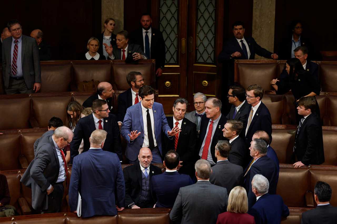 Republican Rep. Matt Gaetz of Florida talks to fellow members-elect during the second day of elections for Speaker of the House at the US Capitol Building on January 4, 2023 in Washington, DC.