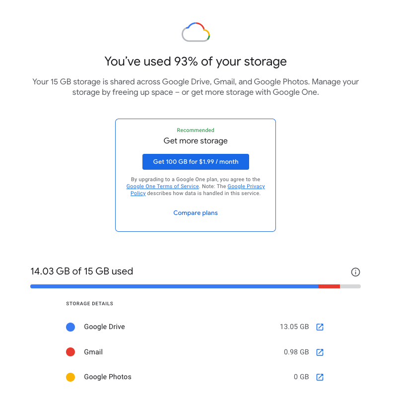 Google's Google One storage page.