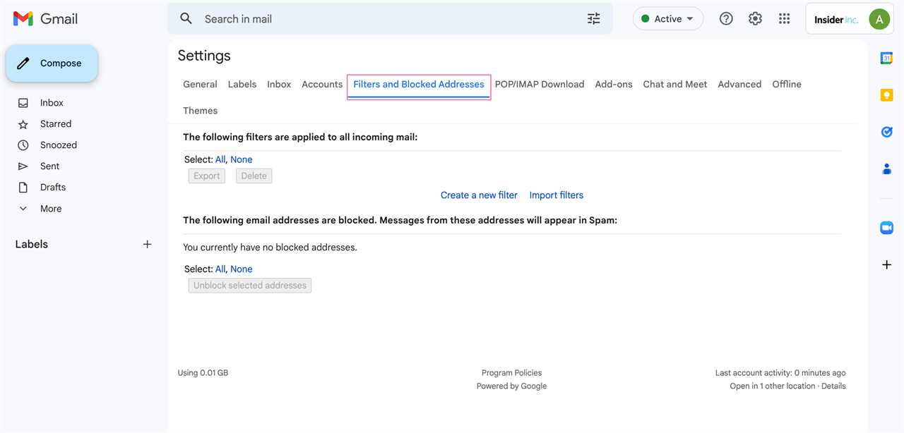 Gmail’s settings page, with the Filters and Blocked Addresses tab highlighted.