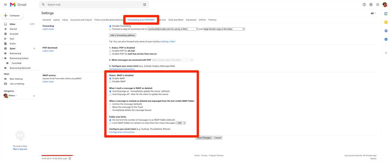 Gmail's Forwarding and POP/IMAP settings page, with the IMAP settings highlighted.