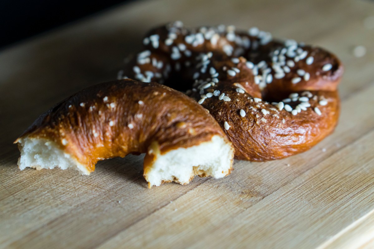 fresh baked soft pretzels on a table