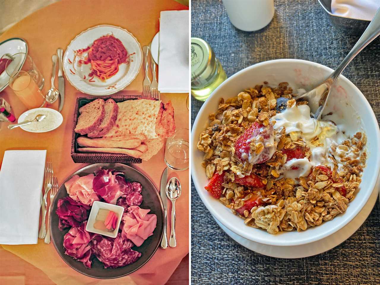 Room service meals at the Bulgari Hotel (L) and the Fairmont Château Frontenac (R).