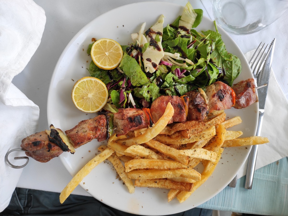 greek chicken kebabs with fries at ellicott city restaurants