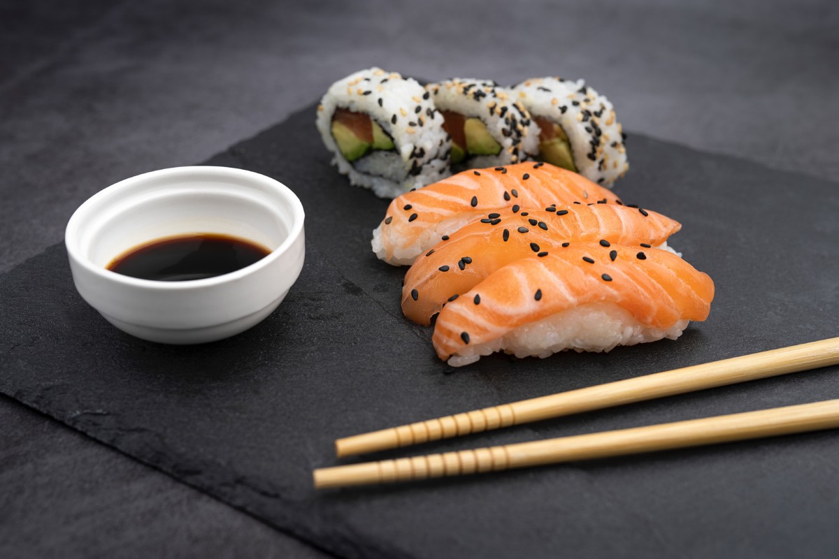 salmon sushi chopsticks and soy sauce at mclean restaurants