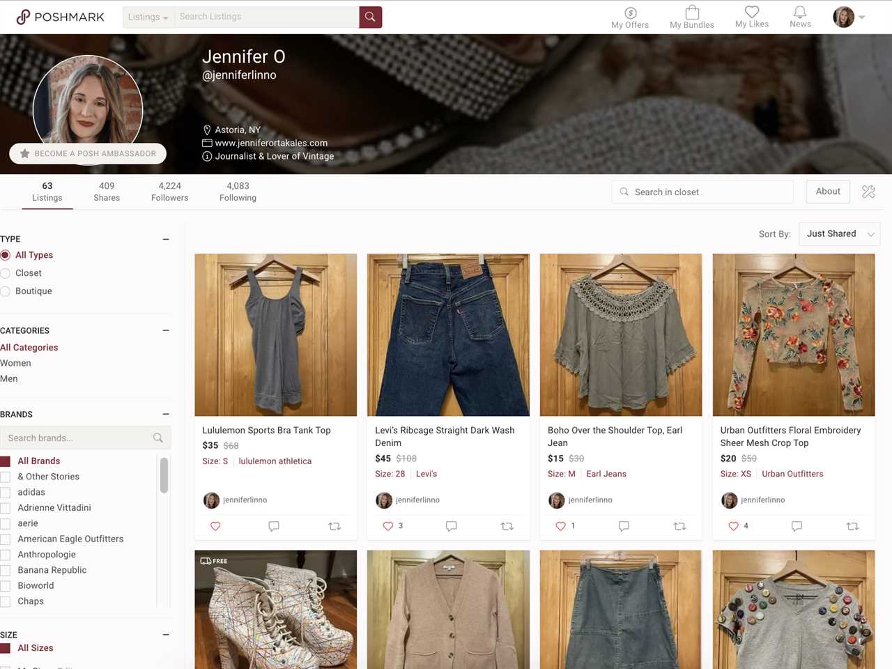 A screenshot of the author's Poshmark closet