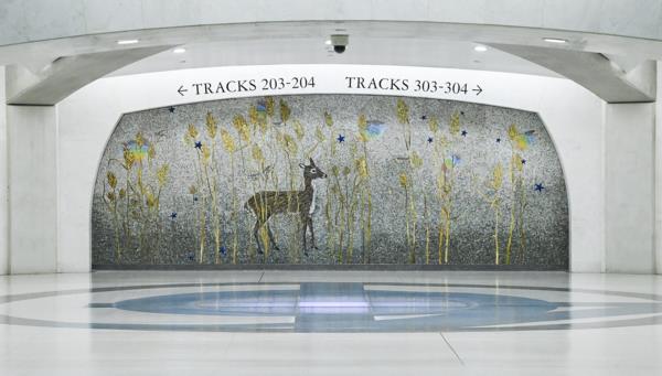 Four of Kiki Smith’s five mosaics were created for alcove spaces in the new station extension, and provide a kind of window between the city and Long Island’s natural beauty.