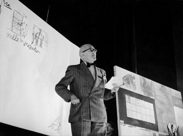 Portrait of Le Corbusier at Milano in <i>Congress De Divina Proportione</i> in 1953.