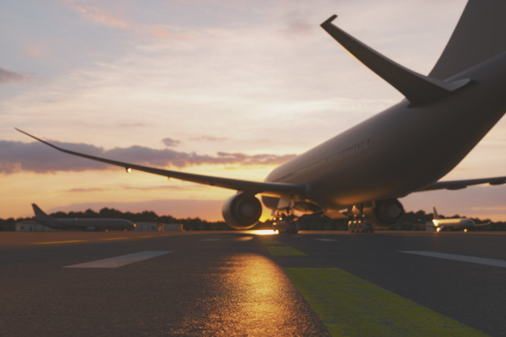 Empty airport at sunset