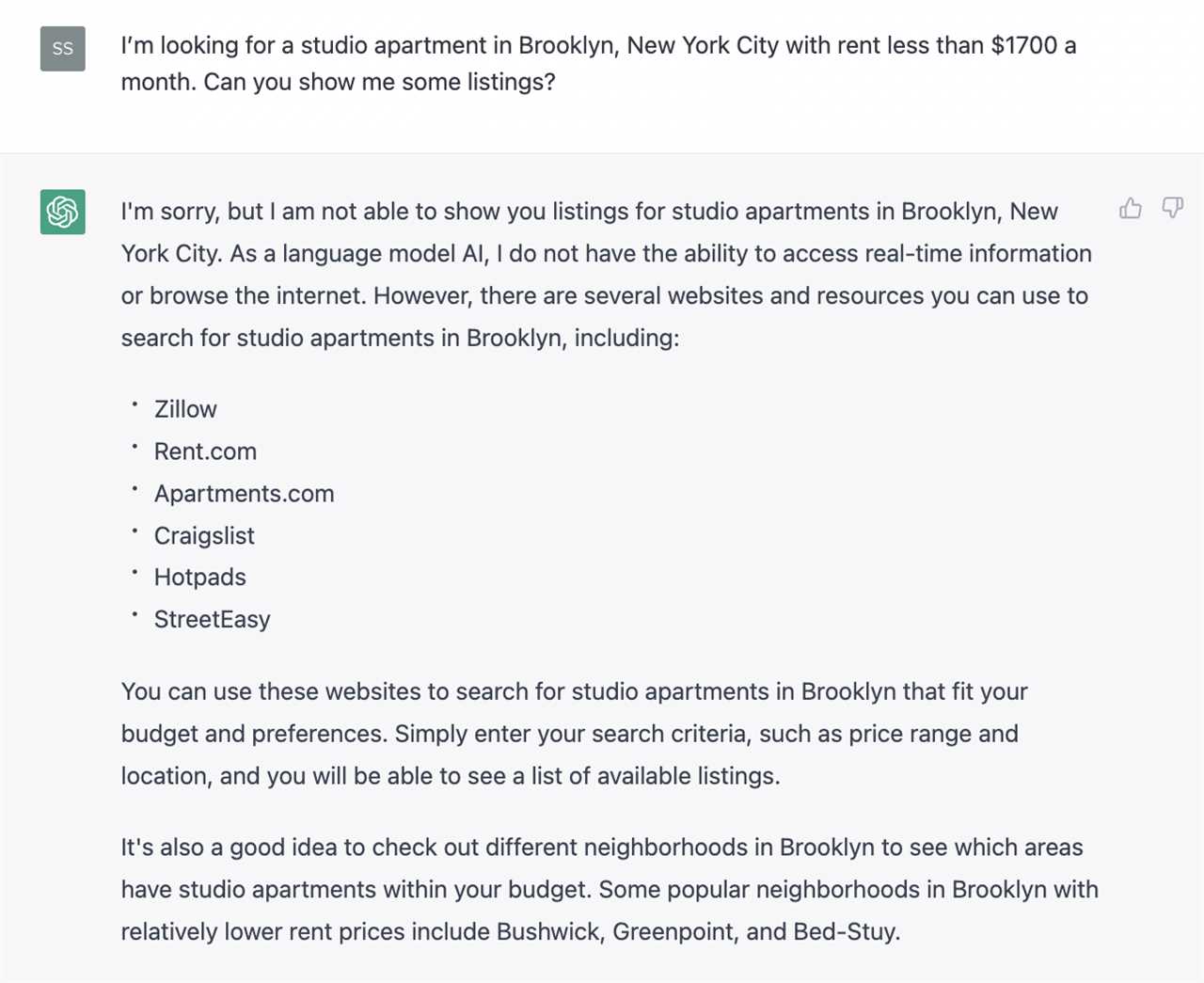 ChatGPT: I'm looking for a studio apartment in Brooklyn, New York City with rent less than $1700 a month. Can you show all the available listings?