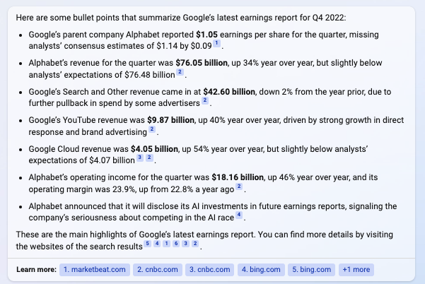 Bing: summary of google's latest earnings report