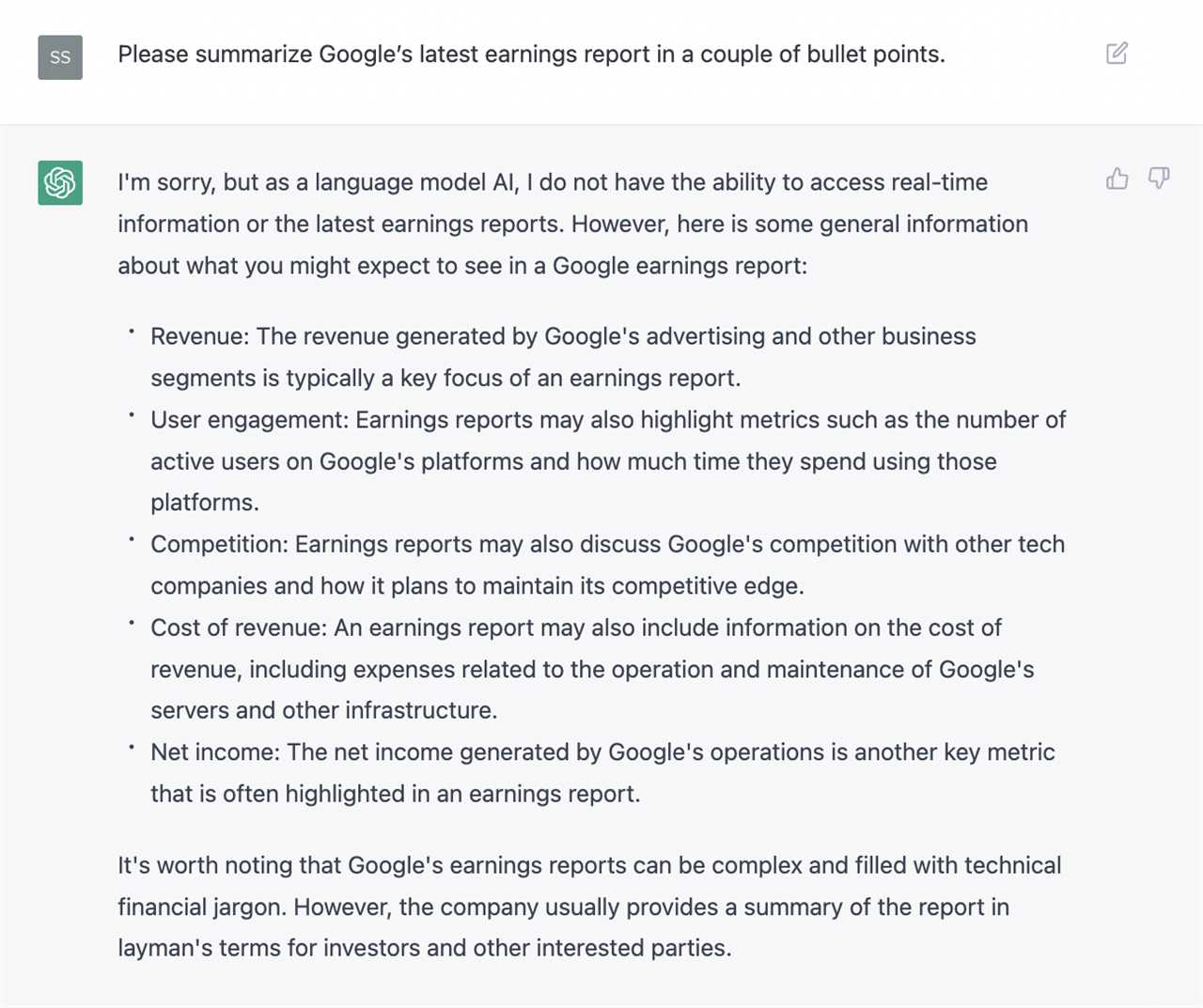 ChatGPT: Please summarize Google's latest earnings report in a couple of bullet points.