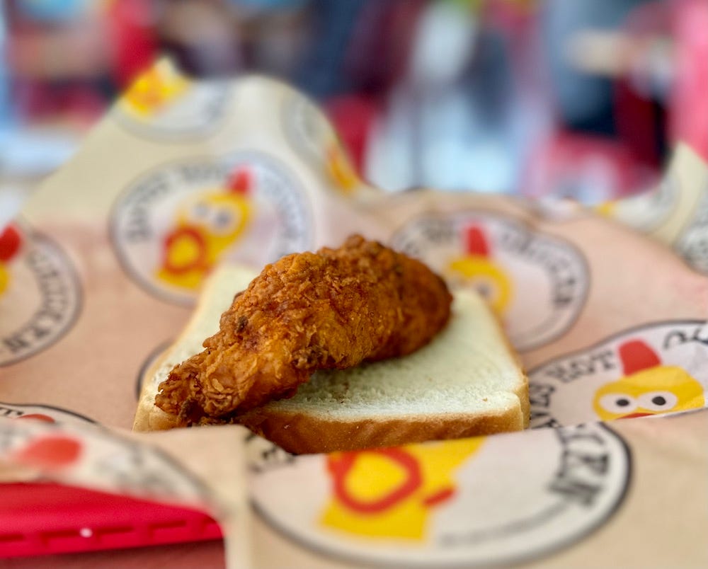 Dave’s Hot Chicken jumbo tender on white bread