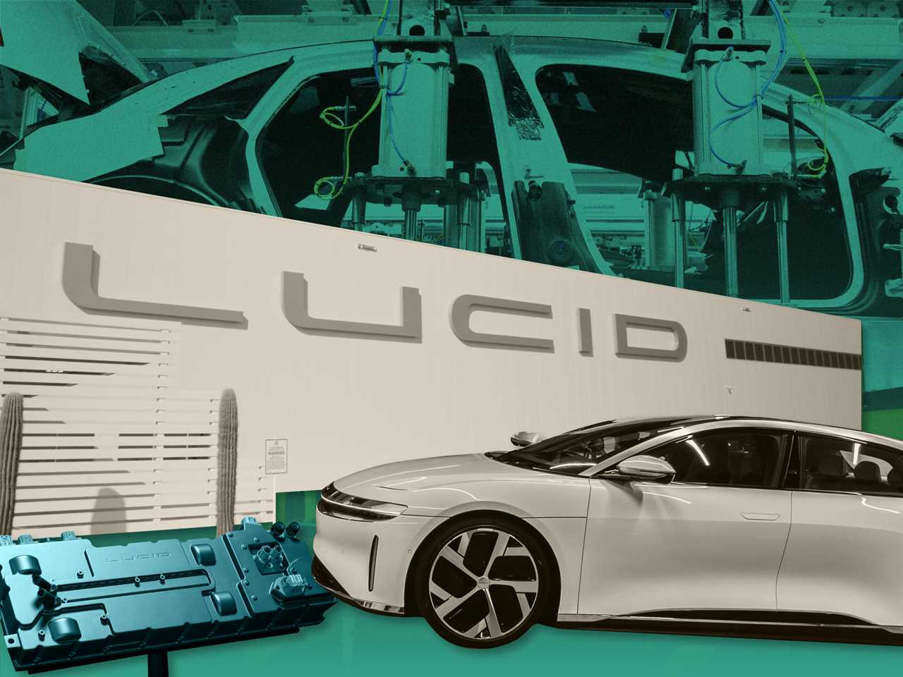 Photo of Lucid Motors car in front of Lucid power plant and manufacturing car 4x3