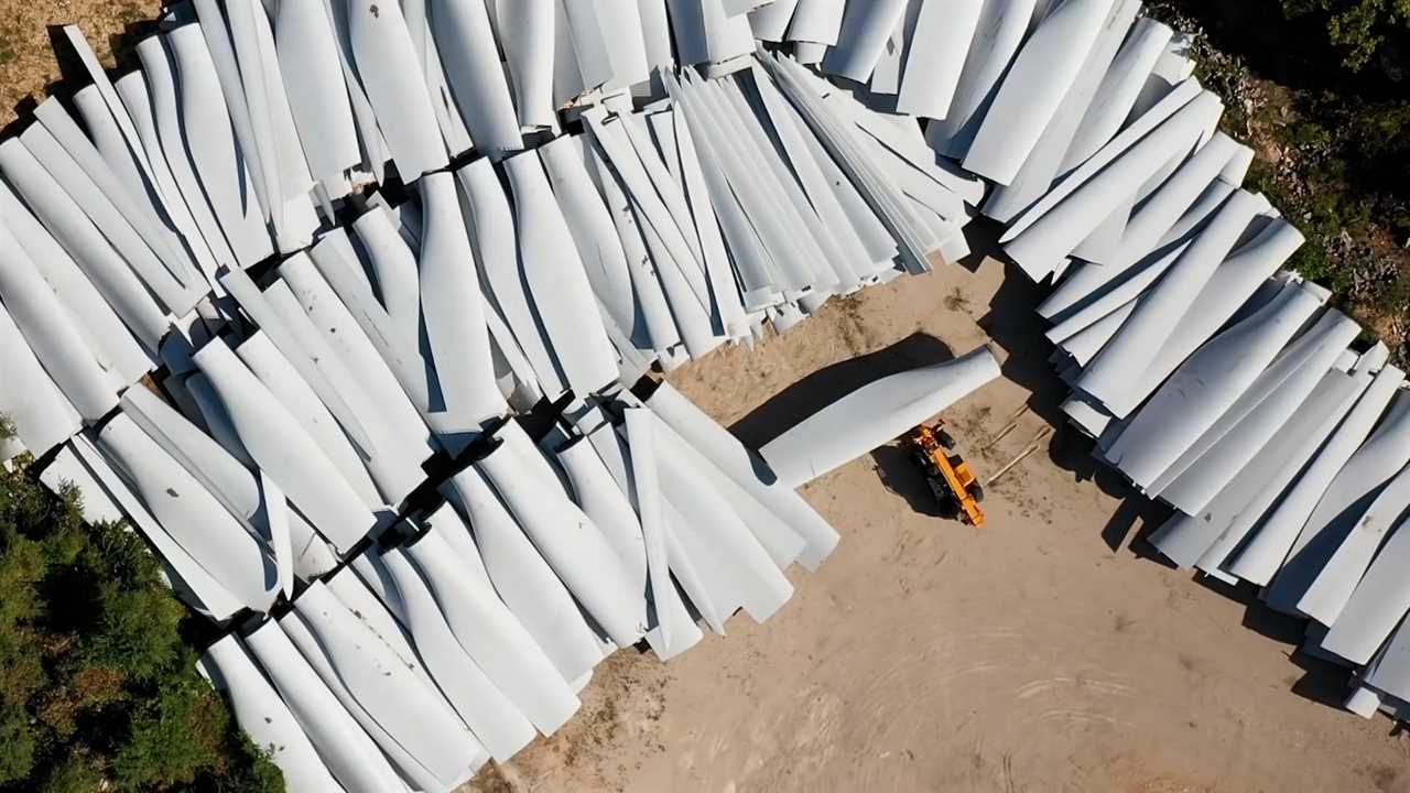 Aerial view of used wind turbine blades stacked on the ground. The rows of blades extend out of frame on each side.