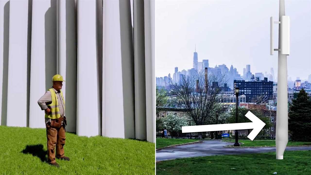 A mockup of a wind turbine being repurposd as a cell phone tower and as fencing.