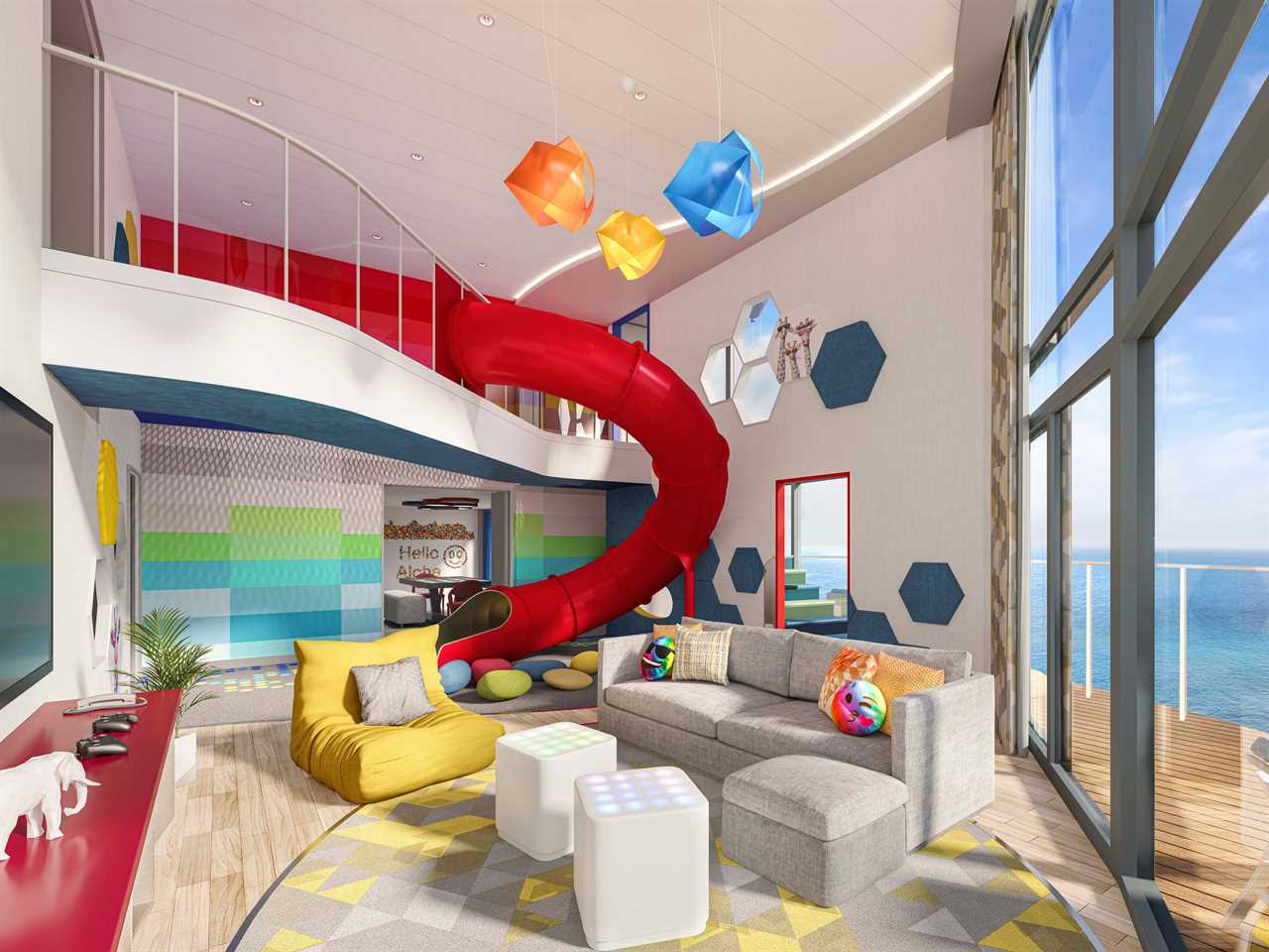 Icon of the Seas will debut the first Ultimate Family Townhouse. Spanning three levels, the perfect home away from home for families features an in-suite slide, a cinema space, karaoke, a spacious balcony, a private entrance to the ultimate family neighborhood, Surfside, and more.