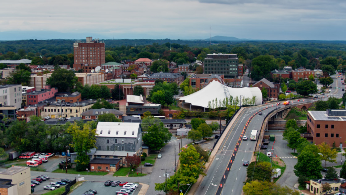 Aerial shot of Charlottesville, Virginia on a cloudy afternoon in early Fall.