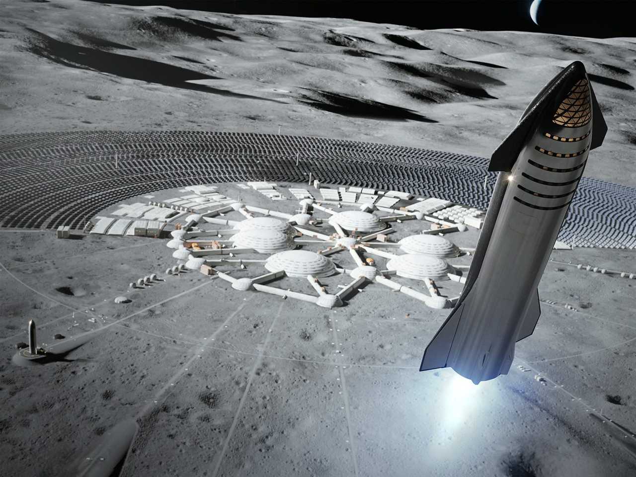 An artist's rendering shows a starship landing near a moon colony.