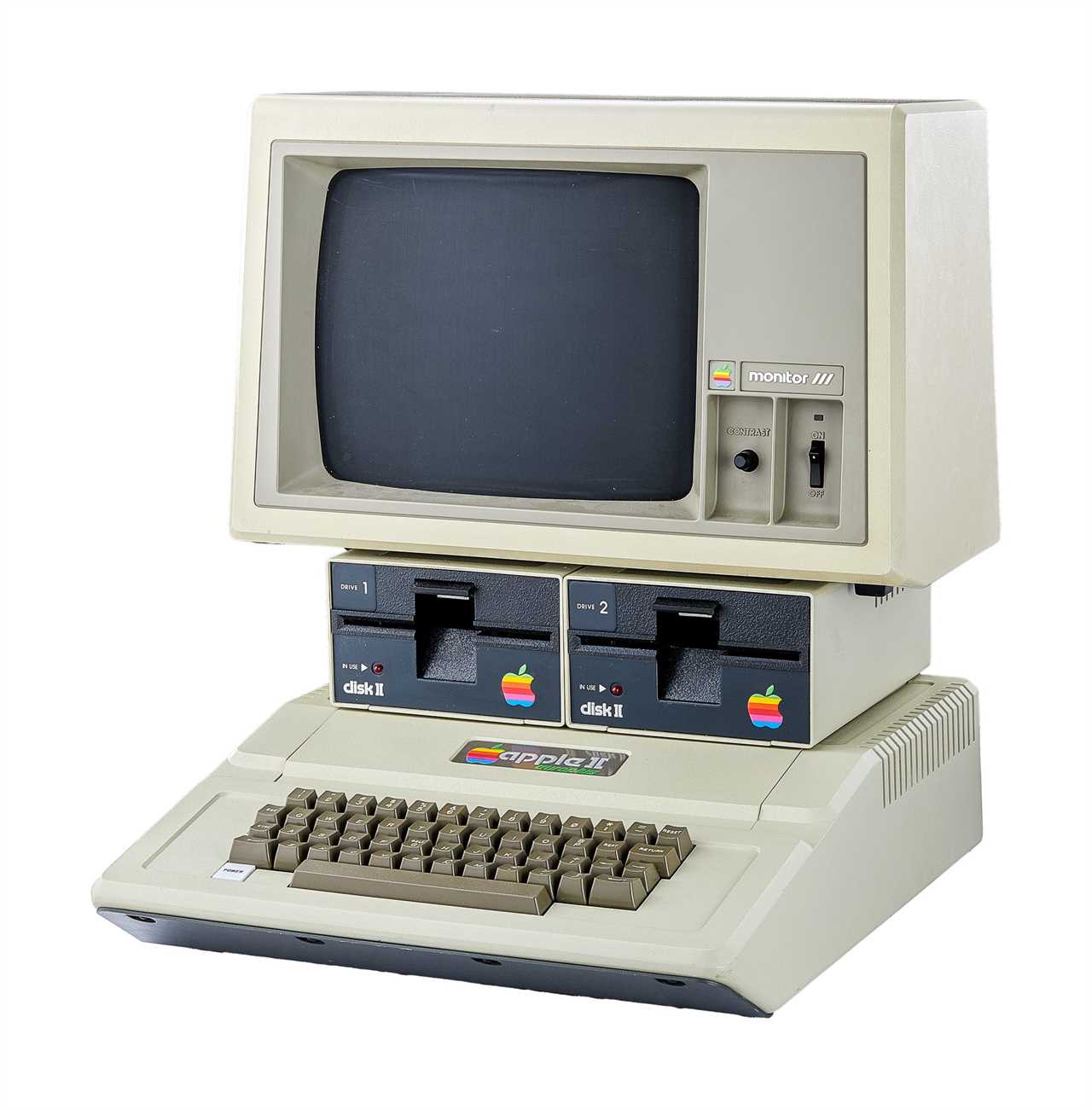 photo of the 1978-1983 Apple II Europlus Computer with two Disk II's under the monitor and a keyboard