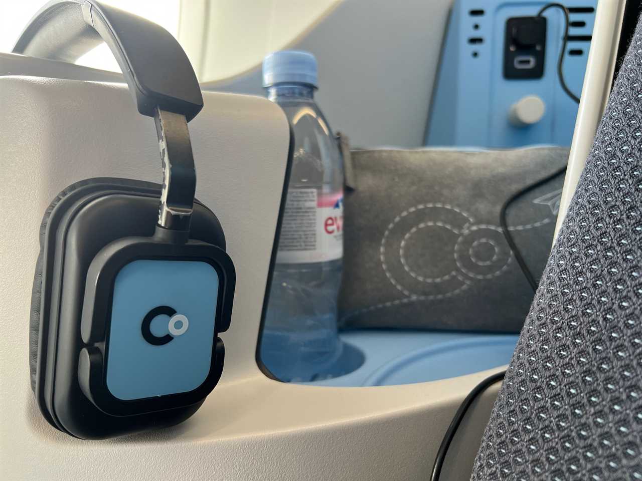 Flying on La Compagnie all-business class airline from Paris to New York — the headphones.