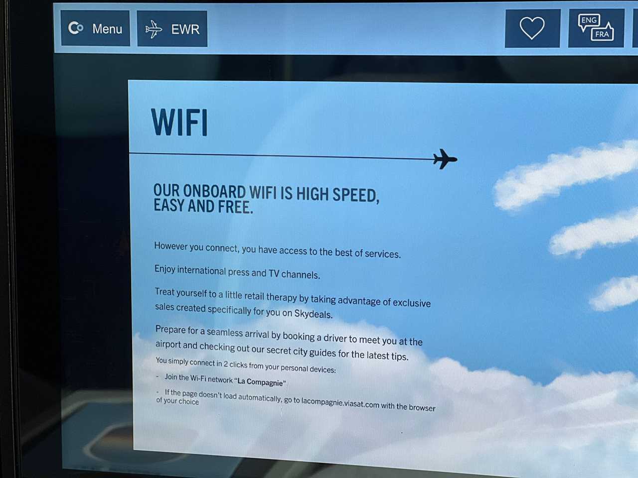 Flying on La Compagnie all-business class airline from Paris to New York — instructions on how to connect to the WiFi on the inflight screen.