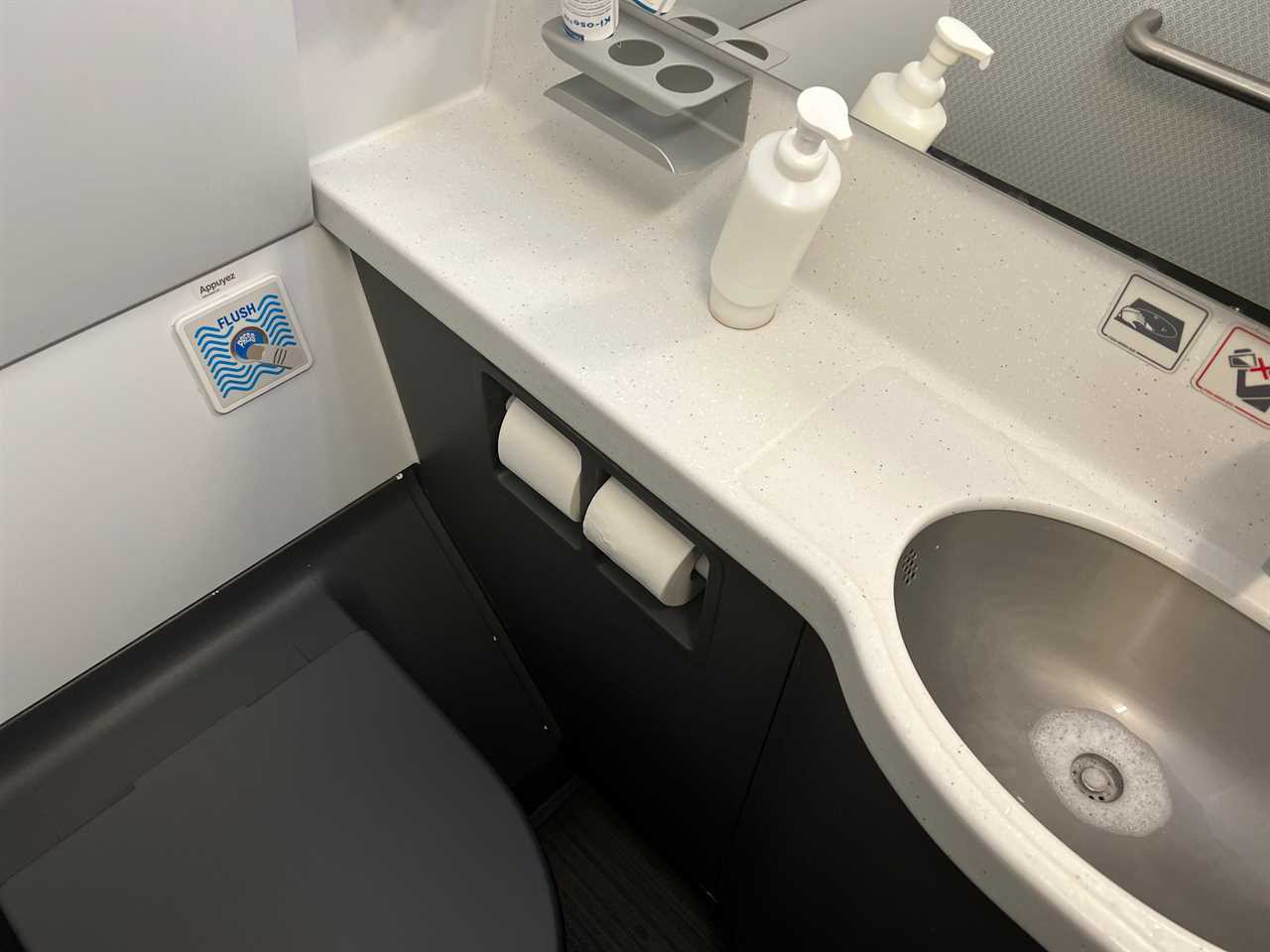 Flying on La Compagnie all-business class airline from Paris to New York — the bathroom.