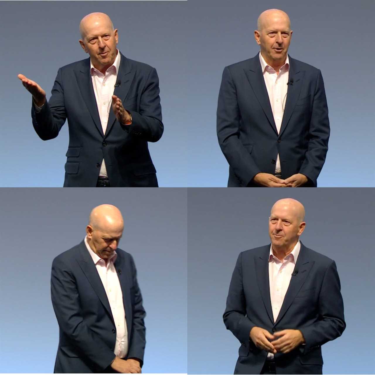 Collage of David Solomon speaking at Goldman's 2023 investor day