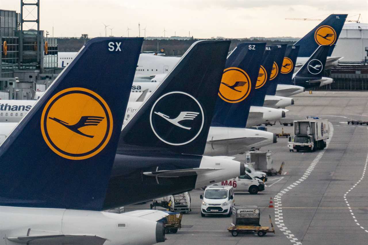 Tails of Lufthansa aircraft in Frankfurt, Germany.