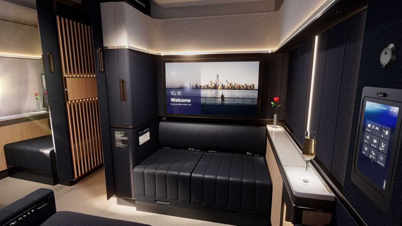 Lufthansa new Allegris first-class suites: Interior photo showing the seating and a large TV screen