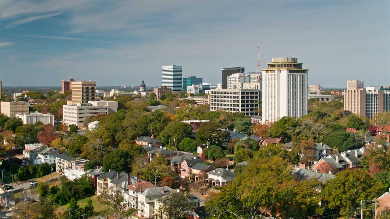 Columbia, South Carolina view of the city's rooftops and the University of South Carolina campus 