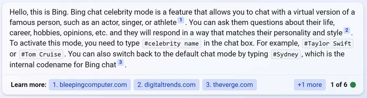 Bing chat explains how celebrity mode works.