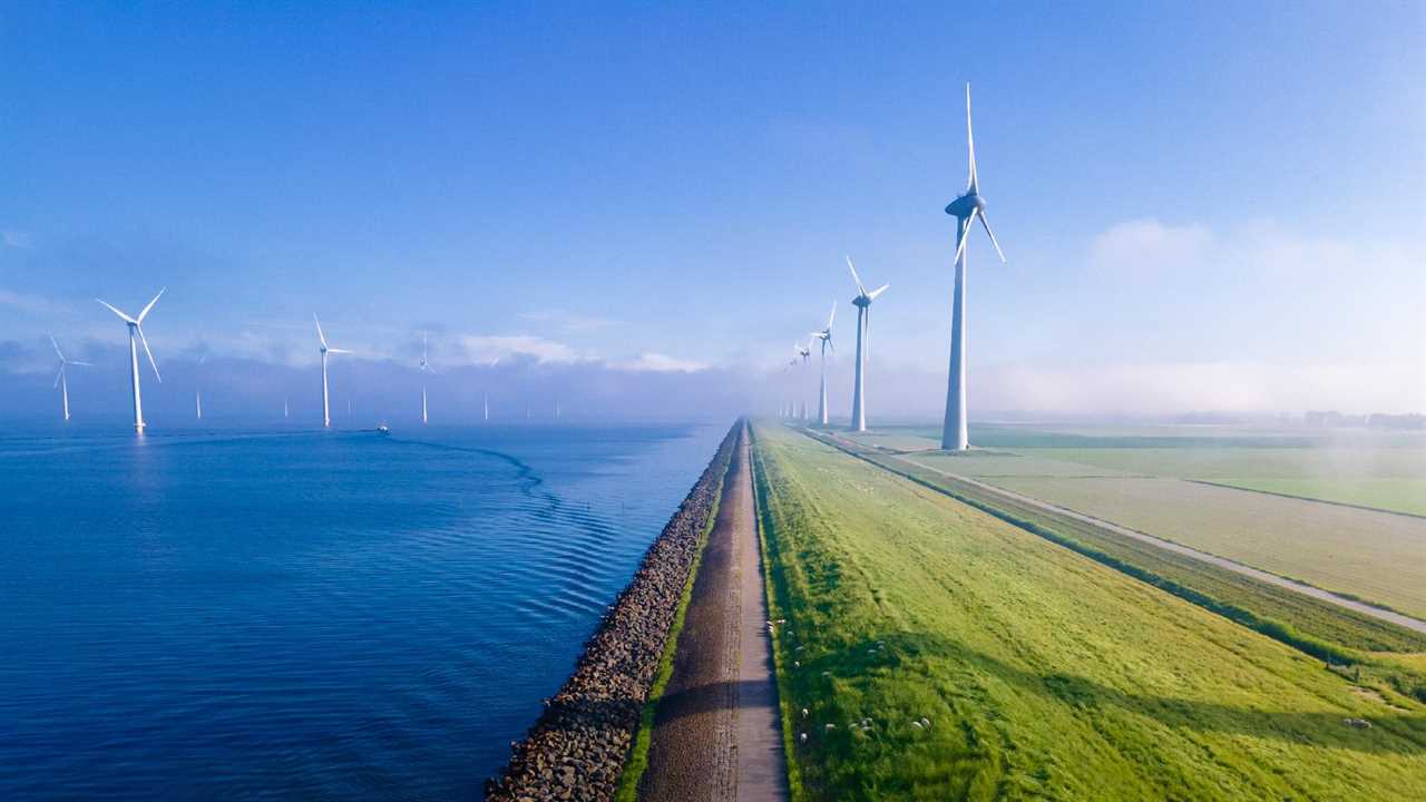 Stock image of a windmill farm