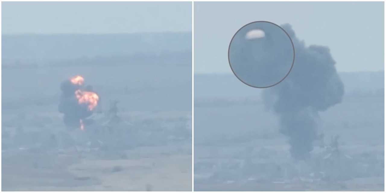 A composite image of two stills that per Ukrainian officials show the aftermath of the downing of a Russian Su-24 bomber near Bakhmut, shared March 15 2023. Left: a plume of smoke rises against a landscape. right: the still is marked up and magnified to show what appears to be an ejected pilot's parachute against the growing smoke plume.