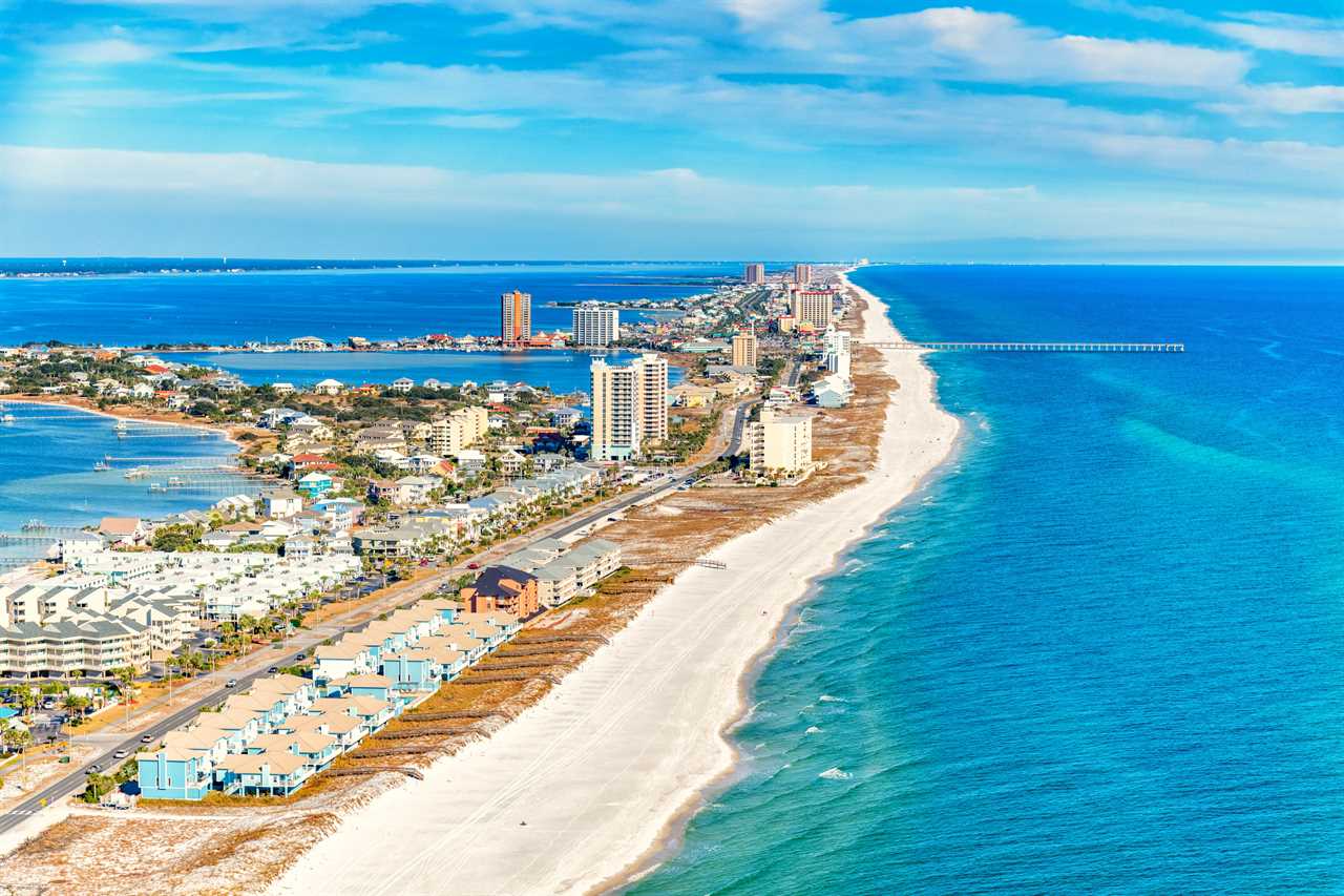 The pier along the beach at Pensacola Beach, Florida, one of the best beaches near Orlando