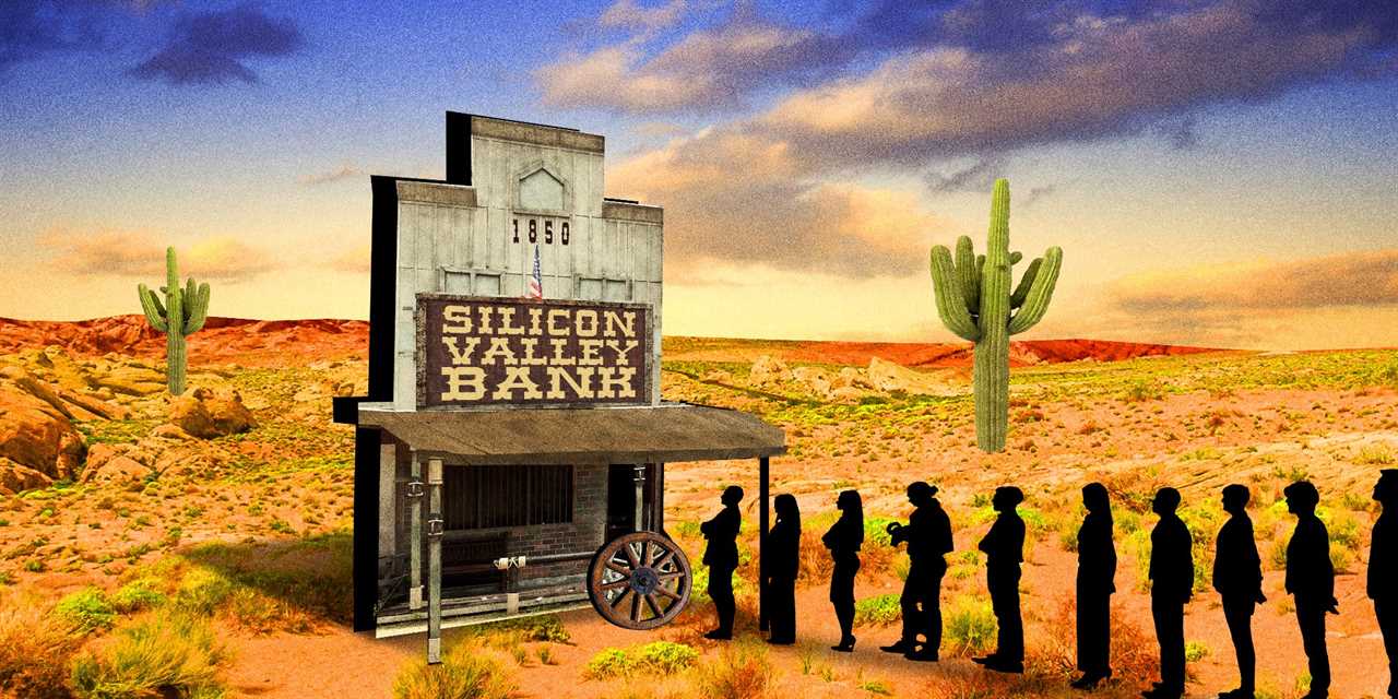 photo composition illustration of Silicon Valley Bank in an Old West environment