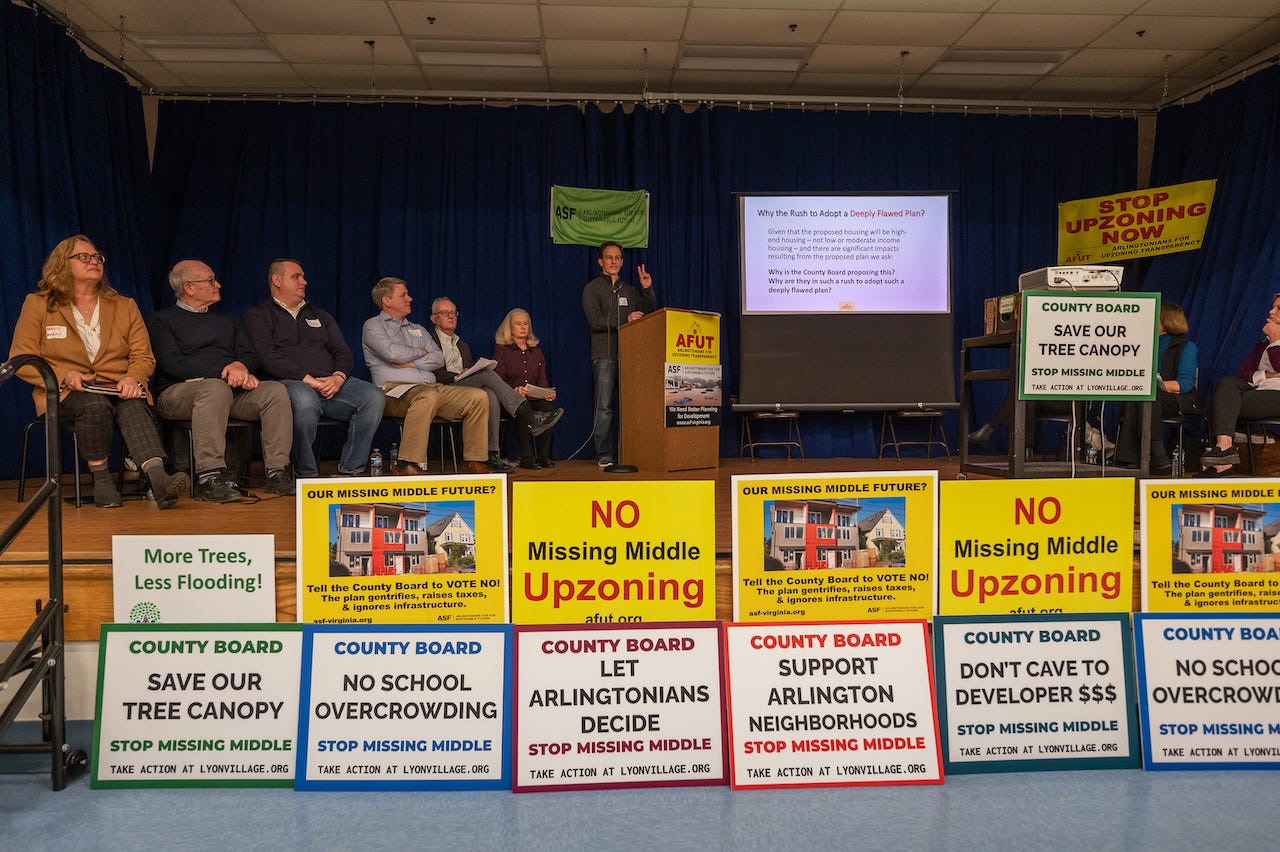 David Gerk, a longtime resident of Arlington, speaks during a public meeting opposing a zoning deregulation proposal known as missing middle that would make it easier to build duplexes, townhouses and other structures in more suburban areas of the county at Innovation Elementary in Arlington, VA on January 08, 2023.