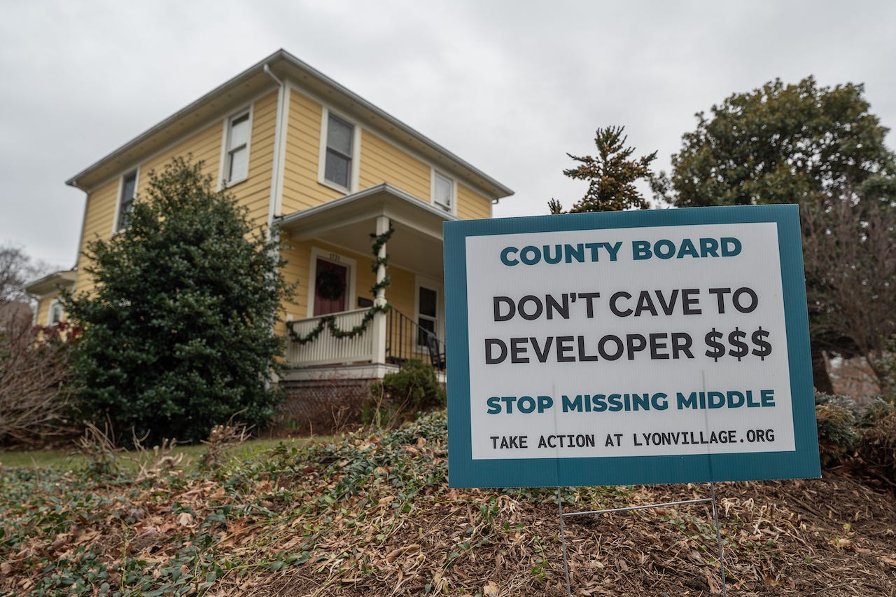 A sign opposing a zoning deregulation proposal known as missing middle that would make it easier to build duplexes, townhouses and other structures in more suburban areas of the county is seen in the Lyon Village neighborhood in Arlington, VA on January 08, 2023.