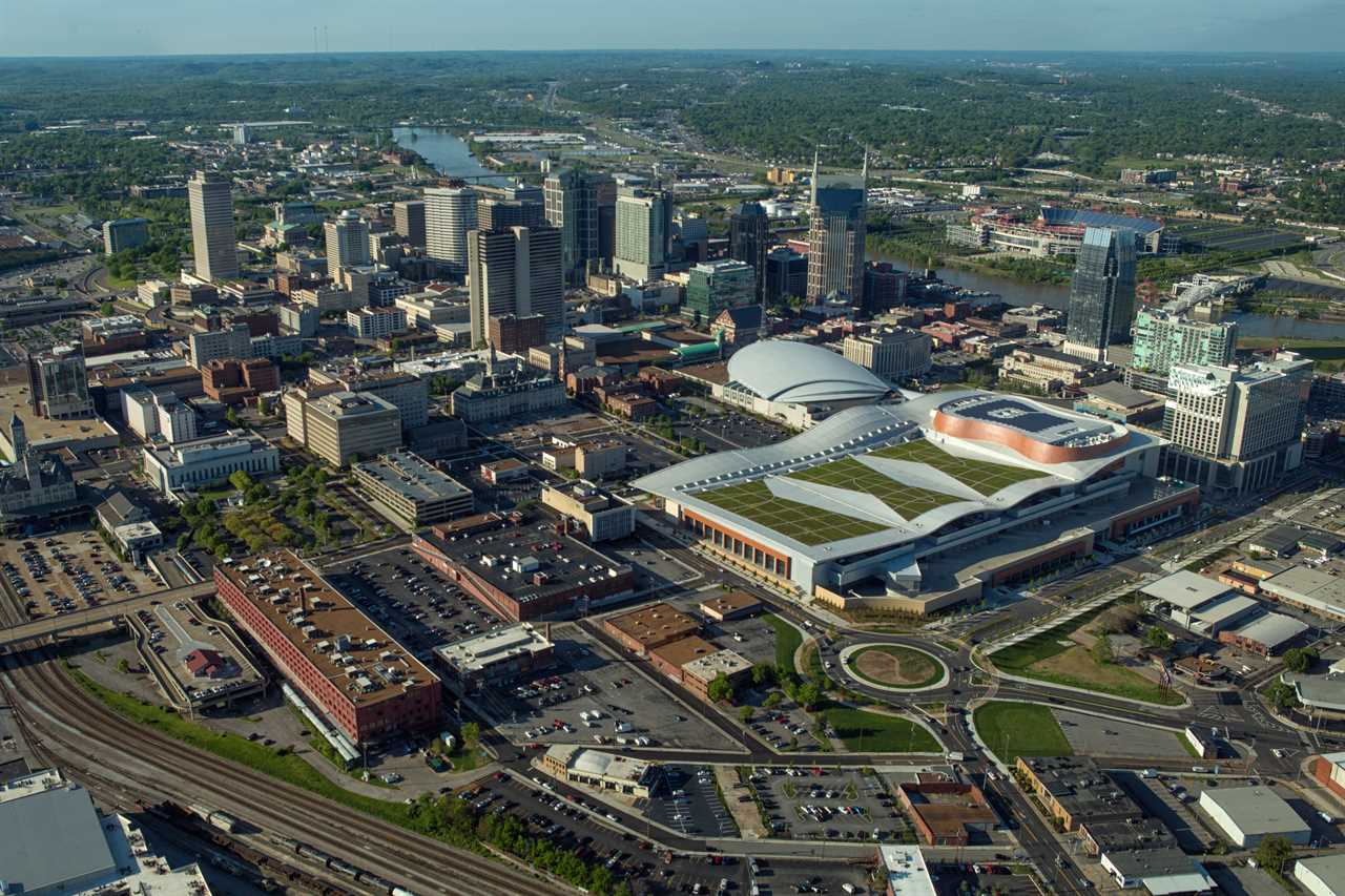 Sky view of Nashville, Tennessee viewing all rooftops from the south end of the city